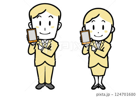 スマホを持つ、スーツを着た若い男女 124701680