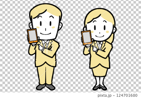 スマホを持つ、スーツを着た若い男女 124701680