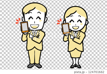 Young men and women in suits holding smartphones 124701682