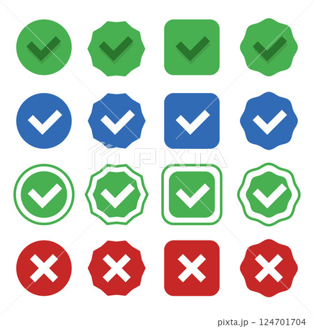 Checkmark icons blue,green,black and red right and wrong choices on isolated white background. Check mark true and false symbol tick sign. Checkmark icons blue,green,black and red right and wrong choices on isolated white background. Check mark true and false symbol tick sign. 124701704