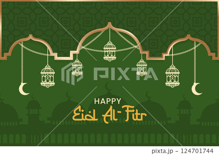 Eid Al-Fitr banner featuring elegant lantern decorations and a green themed background. 124701744