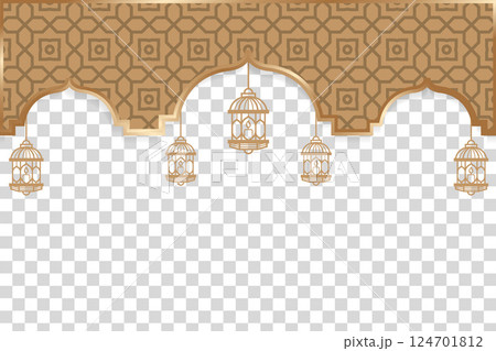 Ramadan template banner with Islamic gold mosaic pattern and gold lanterns. 124701812