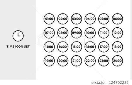 1時間ごとの24時間時計アイコンセット(ベクター・線画・シンプル) 1時間ごとの24時間時計アイコンセット(ベクター・線画・シンプル) 124702225