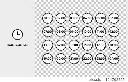 1時間ごとの24時間時計アイコンセット(ベクター・線画・シンプル) 1時間ごとの24時間時計アイコンセット(ベクター・線画・シンプル) 124702225