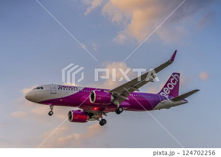 夕暮れの仙台空港　着陸中の飛行機　宮城県名取市 124702256