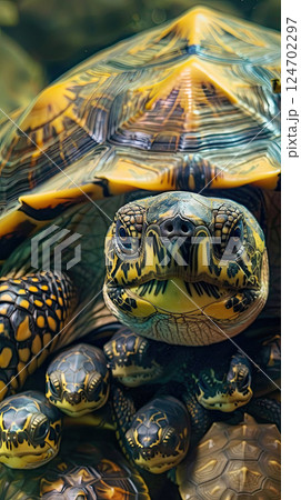 A vivid close-up image of a turtle with its young ones, showcasing detailed patterns on their shells.  Generate AI 124702297