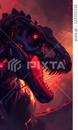 A digital art depiction of a T-Rex roaring amidst flames. Generate AI 124702316