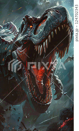 A digital art depiction of a T-Rex roaring amidst flames. Generate AI 124702343