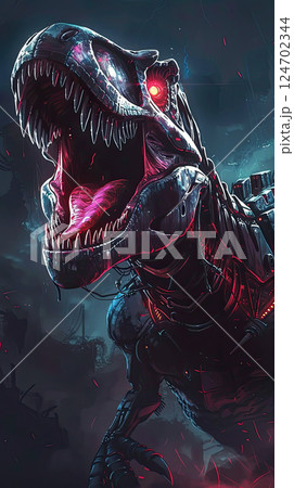 A digital art depiction of a T-Rex roaring amidst flames. Generate AI A digital art depiction of a T-Rex roaring amidst flames. Generate AI 124702344
