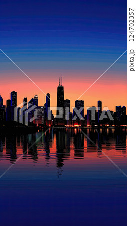 A city skyline bathed in the warm glow of a sunset, with towering skyscrapers. Generate AI A city skyline bathed in the warm glow of a sunset, with towering skyscrapers. Generate AI 124702357