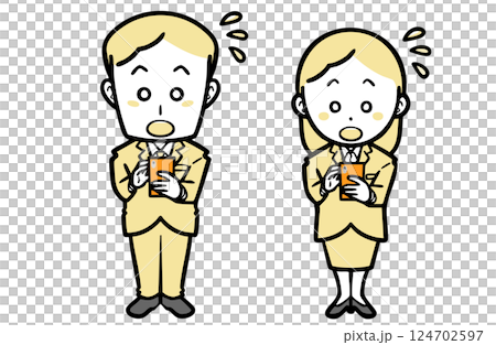 Young men and women in suits operating smartphones and getting impatient 124702597