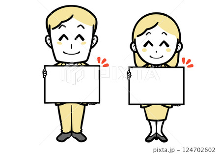 お知らせボードを持つ、笑顔のスーツを着た若い男女 お知らせボードを持つ、笑顔のスーツを着た若い男女 124702602