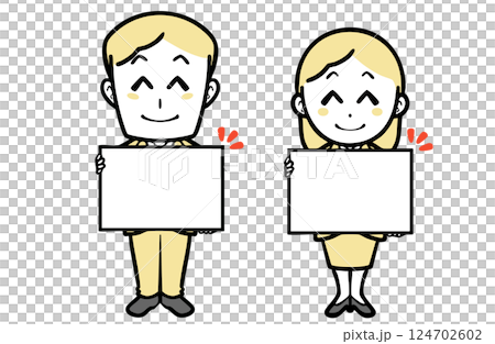 身著西裝、面帶微笑的年輕男女舉著公告板 124702602