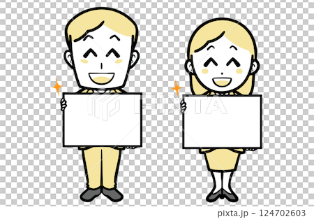 身著西裝、面帶微笑的年輕男女舉著公告板 124702603