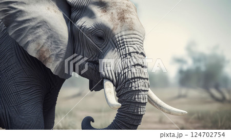Close-up side view of the head of an elephant in the savannah. wild animals, AI-generated Close-up side view of the head of an elephant in the savannah. wild animals, AI-generated 124702754