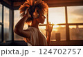 Dancing african american hipster girl wearing wireless headphones on the background of window and sunset in apartment. AI Generated Dancing african american hipster girl wearing wireless headphones on the background of window and sunset in apartment. AI Generated 124702757