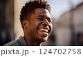 Side view portrait of a smiling funny black man in the city. Generated by AI Side view portrait of a smiling funny black man in the city. Generated by AI 124702758