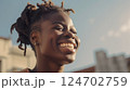 headshot african-American happy woman smiling. Street portrait of strong, confident woman in city at sunset. Golden Hour. Relationship with yourself. Generated by AI headshot african-American happy woman smiling. Street portrait of strong, confident woman in city at sunset. Golden Hour. Relationship with yourself. Generated by AI 124702759