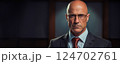 Bald business man portrait. 40 year old business man wearing eyeglasses, looking at camera, high key, cinematic, banner. AI generated 124702761