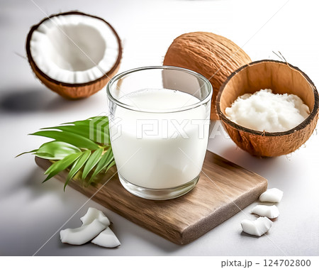 グラスに入ったココナッツミルクとココナッツの実のイメージ素材 124702800