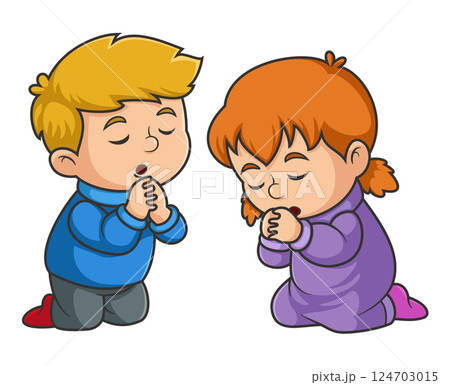 boy and girl sit and pray of illustration 124703015