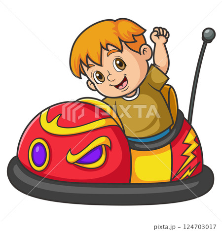 a young boy riding a bumper car of illustration 124703017
