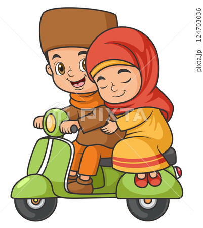 young couple riding a scooter of illustration young couple riding a scooter of illustration 124703036