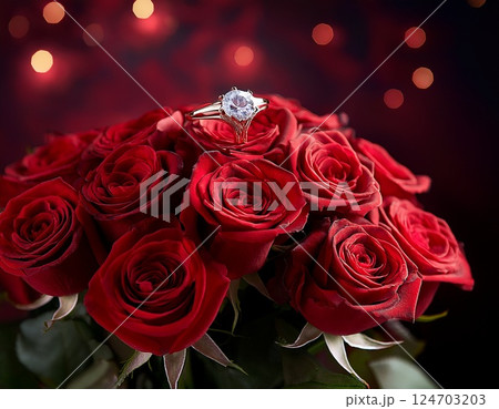 バラの花束と添えられた婚約指輪 124703203