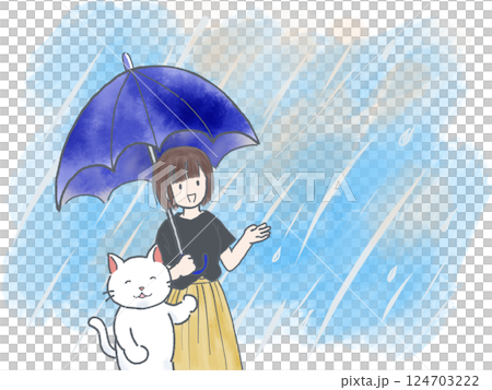 傘をさす女の子と白猫 水彩風 イラスト 124703222