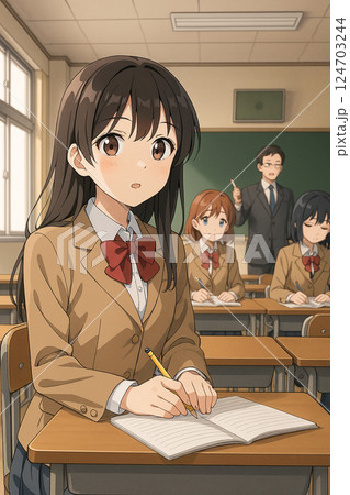 窓の外を眺める女子高校生 124703244