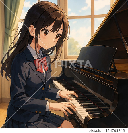 窓の外を眺める女子高校生 124703246