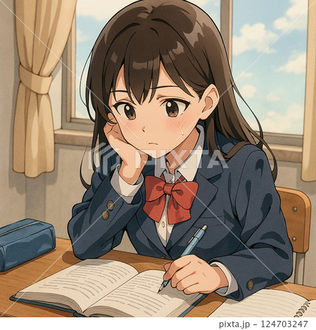 窓の外を眺める女子高校生 124703247