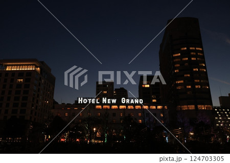 ホテルニューグランドの見える横浜山下公園の夜景 124703305