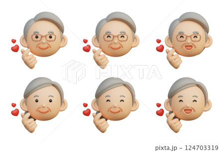 3D graphic of an elder character making a heart shape with his fingers 124703319