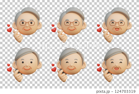 3D graphic of an elder character making a heart shape with his fingers 124703319