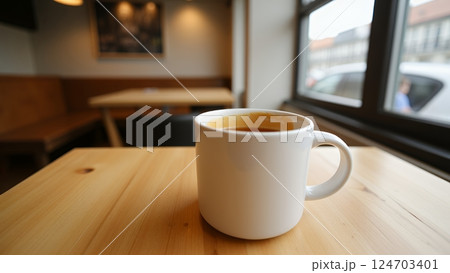 紅茶かコーヒーが入った白い陶器のマグカップが、木のテーブルの上に置かれている 124703401