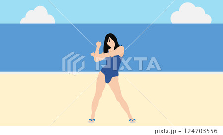 浜辺で夏休みを満喫する女性のイラスト(海水浴) 124703556