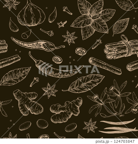 Seamless pattern with spices and aromatic plants. Hand-drawn detailed illustration in sketch ink style. Seamless pattern with spices and aromatic plants. Hand-drawn detailed illustration in sketch ink style. 124703847