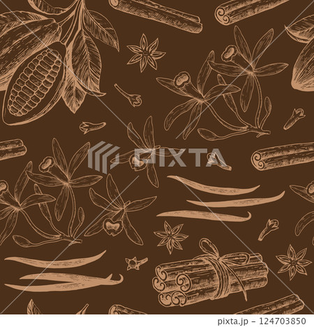 Seamless pattern with cocoa beans, cinnamon and vanilla. Hand-drawn monochrome illustration. 124703850