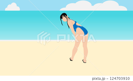 浜辺で夏休みを満喫する女性のイラスト(海水浴) 124703910
