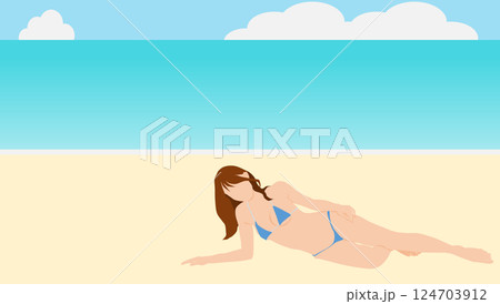 浜辺で夏休みを満喫する女性のイラスト(海水浴) 124703912