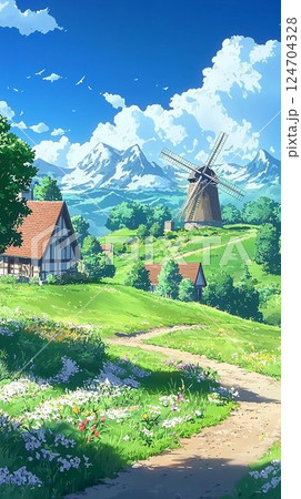 青空と風車が広がるアニメ風ヨーロッパの田舎風景 124704328