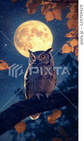 満月を背に木にとまるフクロウの神秘的な夜の壁紙 124704329
