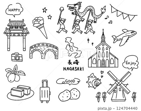 長崎の手描きイラストセット 124704440