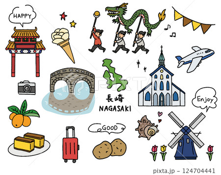 長崎の手描きイラストセット 長崎の手描きイラストセット 124704441