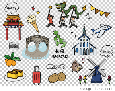 長崎の手描きイラストセット 長崎の手描きイラストセット 124704441