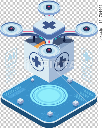 Isometric Medical Drone Delivering Healthcare Package 124704461