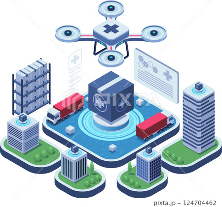 Isometric Medical Drone in Futuristic Healthcare Logistics 124704462