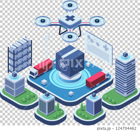 Isometric Medical Drone in Futuristic Healthcare Logistics 124704462