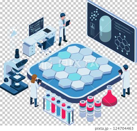 Isometric Scientists in Drug Discovery Lab with Advanced Equipment Isometric Scientists in Drug Discovery Lab with Advanced Equipment 124704463